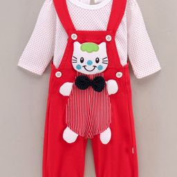 WOW Clothes Full Sleeves Cotton T-shirt with Dot Print and Dungaree with Kitty Patch and Bow Applique- Red-image-66