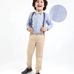 Mark & Mia Cotton Woven Full Sleeves Striped Party Shirt & Trouser Set with Bow Tie & Suspenders - Sky Blue & Beige-image-47