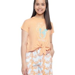 Lil Tomatoes Half Sleeves Disney Minnie I Love The Weekends Printed Front Tie Up Night Suit - Peach-image-76