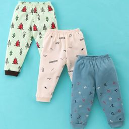 Mini Donuts 100% Cotton Full Length Pajamas Tree Printed Pack of 3 - Peach  Grey & Green-image-76