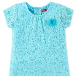 Babyhug Cotton Woven Half Sleeves Top with Lace Detailing & Floral Corsage - Light Blue-image-82