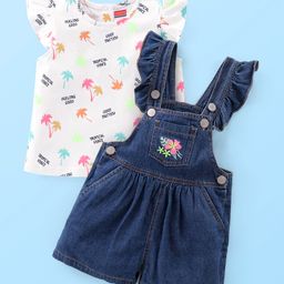 Babyhug Single Jersey Woven Frill Sleeves Floral Embroidered   Dungaree with Top Tropical Theme - White & Blue-image-33