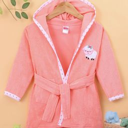 Babyhug Terry Knit Full Sleeves Bath Robe With Hood Sheep Embroidery - Pink-image-73