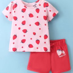 Doodle Poodle 100% Cotton Half Sleeves Strawberry Printed Night Suit  Rose Pink & Red-image-41