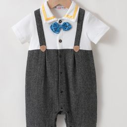 Kookie Kids Half Sleeves Chevron Printed Romper with Bow & Suspender Detailing - Grey-image-99