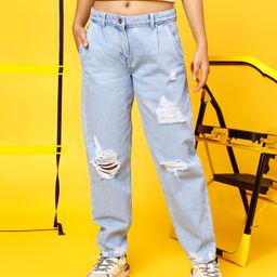 Tales & Stories Mom Fit Distressed Jeans  - Blue-image-2