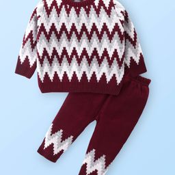 Babyhug Knitted Full Sleeves Pullover Sweater Set with Chevron Design - Maroon-image-87