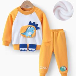 Kookie Kids Full Raglan Sleeves Winter T-Shirt & Lounge Pant Set With Dino Applique - Yellow-image-74
