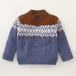 Yellow Apple Knitted Full Sleeves Pullover Sweater with Cable Knit & Ikat Design- Blue-image-36