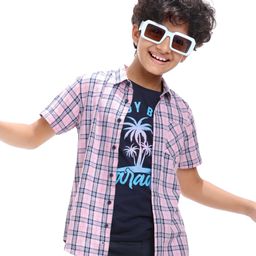 Pine Kids Cotton Woven Half Sleeves Check Shirt with Text Print Inner Tank T-Shirt - Pink & Black-image-32