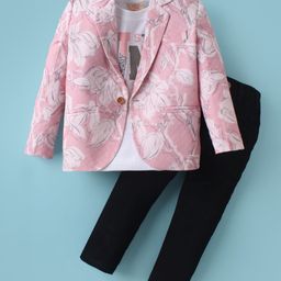 Rikidoos Full Sleeves Floral Printed Blazer With Tee & Pant - Light Pink & Black-image-75