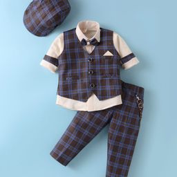 Rikidoos Full Sleeves Solid Shirt With Checked Waistcoat Pant Suspender Cap & Bow Set - Cream & Brown-image-74