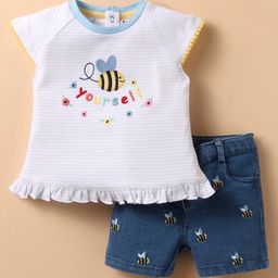 ToffyHouse Knitted Half Sleeves Top & Bottomwear Set With Text Print - White & Blue-picture-43