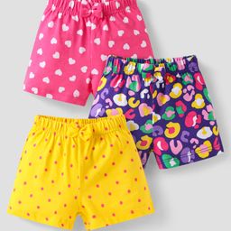 Babyhug Single Jersey Knit Mid Thigh Bow Applique Shorts with Polka Dots & Hearts Print Pack of 3 - Pink Yellow & Purple-image-63