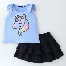 Tiara Cotton Jersey Sleeveless Unicorn Sequin Embellished Top With Solid Layered Skirt - Black & Blue-image-103