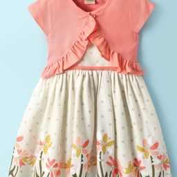 Twetoons Poplin Woven Floral Printed Frock with Half Sleeves Shrug & Frill Detailing - Peach-image-9