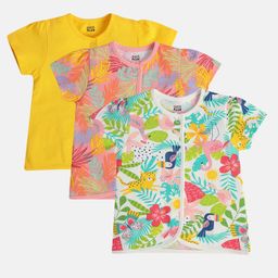 MINI KLUB Cotton Pack Of 3 Half Sleeves Baby Animals & Birds Printed Jhablas - Yellow & Multi Colour-image-29