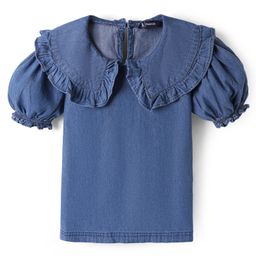 Pine Kids Cotton Woven Half Puffed Sleeves Solid Color Top with Frill Detailing - Navy Blue-picture-38