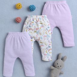 BUMZEE Cotton Full Length Stripes & Unicorn Print Diaper Pants Pack of 3 - White & Lavender-image-3