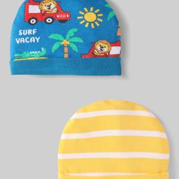 Babyhug 100% Cotton Interlock Knit Caps With Stripes & Tropical Theme Pack Of 2 Yellow & Blue - Diameter 18.5 cm-7