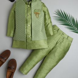 Ahhaaaa Velvet Full Sleeves Solid Kurta With Pant & Embroidered Jacket Set - Green-image-14