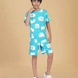 Ninos Dreams Cotton Half Sleeves Polar Bears Printed Coordinating Tee & Shorts Set - Light Blue-image-68
