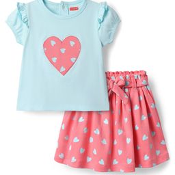 Babyhug Single Jersey Knit Half Sleeves Top & Skirt Set With Belt and Heart Print - Pink-image-47