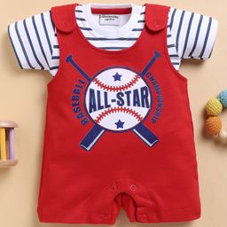 Wonderchild All Star Text Printed Romper With Half Sleeves Striped Tee Set - White & Red-picture-13