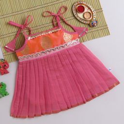 Many frocks & Brocade Chanderi Woven Sleeveless Damask Foil Printed Sequins & Gota Lace Embellished Dress - Pink-image-37