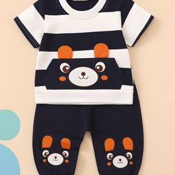 Googo Gaaga Cotton Woven Half Sleeves Rugby Striped & Baby Animal Printed Tee & Joggers Set - White & Navy Blue-image-92