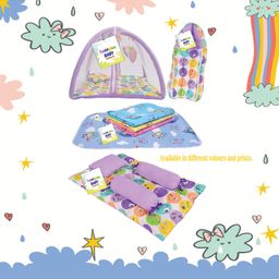 Toddylon Combo of Baby Mattress with Net Sleeping Bag 4 Pcs Bedding Set 4 Nappy Changing Sheets- Purple image 2