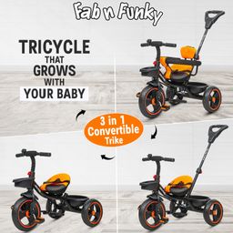 fab n funky Plug & Play Tricycle With Parental Push Handle & Cushion Seat Guardrail - Yellow image 3