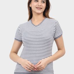 LEZA Women Horizontal Striped V-Neck Cotton Top-image-95