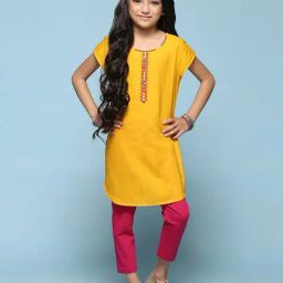 BIBA Girls Kids Yellow & Magenta Pink Cotton Embroidered Kurta Set-image-102