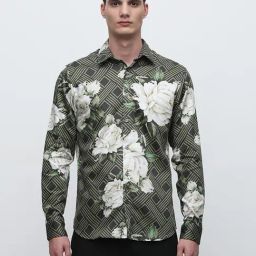 SELECTED HOMME Green Slim Fit Floral Print Cotton Shirt-picture-39