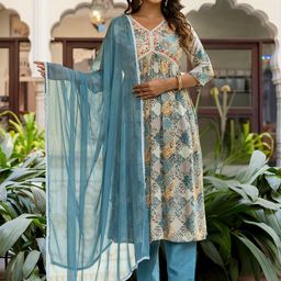 Navlik Floral Embroidered V-Neck Sequinned A-Line Kurta With Trousers & Dupatta-image-86