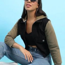 Campus Sutra Black & Green Cotton Color-Block Jacket-14