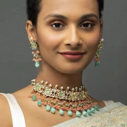 Priyaasi Gold-Plated Sea Green Floral Kundan Peach Pearl Choker Jewellery Set for Women-5