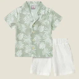 Anneca Kids Tropical Printed Short Sleeves Linen Shirt With Shorts-picture-36
