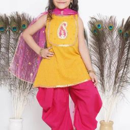 Little Bansi Kids Yellow & Pink Embellished Kurta, Salwar with Dupatta-image-88