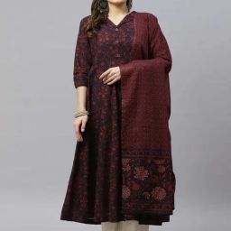 Miravan Maroon & White Cotton Printed Kurta With Dupatta-image-54