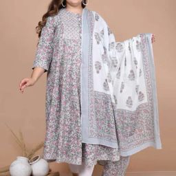 Miravan Grey Cotton Floral Print A Line Kurta With Dupatta-picture-16