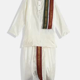 THANGAMAGAN Kids Cream Solid Full Sleeves Kurta, Panjagajam with Mayilkan-image-103