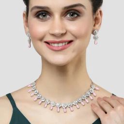 Karatcart Silver Tone Floral Design Pink Cubic Zirconia Studded Necklace Set for Women-image-28