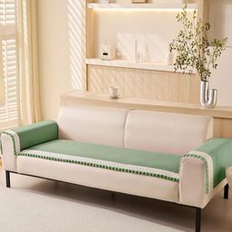 HOUSE OF QUIRK Green & White Chenille 2Pcs Armrest & 1Pc Sofa Cover Set-image-56