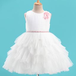 Bluebell Net Sleeveless Party Frock with Floral Applique - White-picture-13