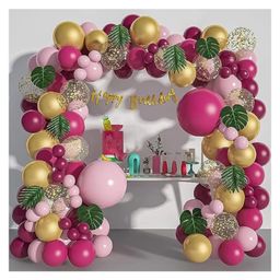 Bubble Trouble Balloons Birthday Decoration With Artificial Leaves Burgundy Pink Gold & Green Pack of 74-88