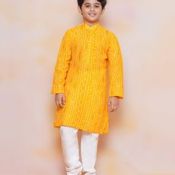 AJ Dezines Full Sleeves Seamless Bandhej Bands Designed Kurta With Pyjama - Mustard Yellow-image-11