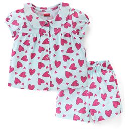 Babyhug Cotton Knit Half Sleeves Top & Shorts Nightwear Set Heart Print - Blue-image-93