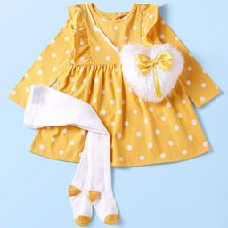 Babyhug Single Jersey Knit Full Sleeves Frocks With Stockings & Sling Bag Polka Dot Print - Mustard-image-63